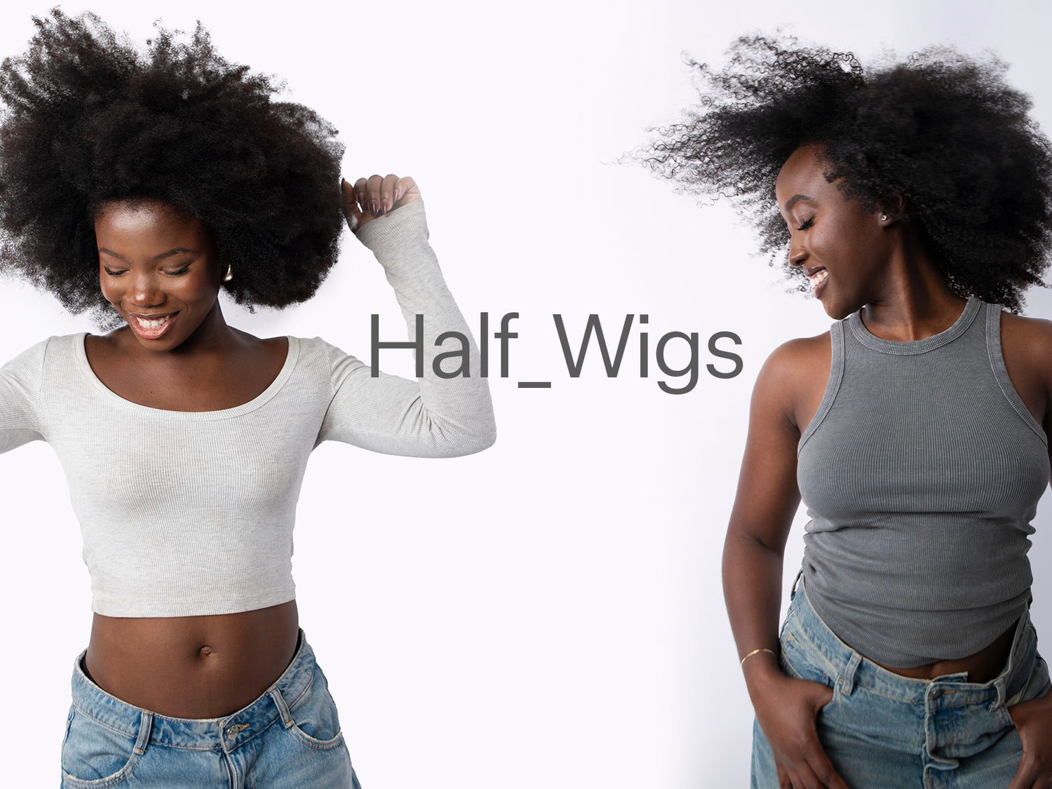 Two women wearing half-wigs on a plain background with 'Half_Wigs' text.